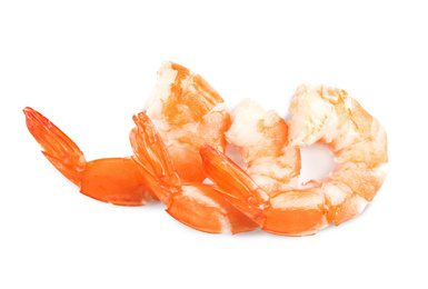 Photo of Delicious cooked shrimps isolated on white, top view