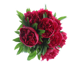 Photo of Bouquet of beautiful red peonies isolated on white