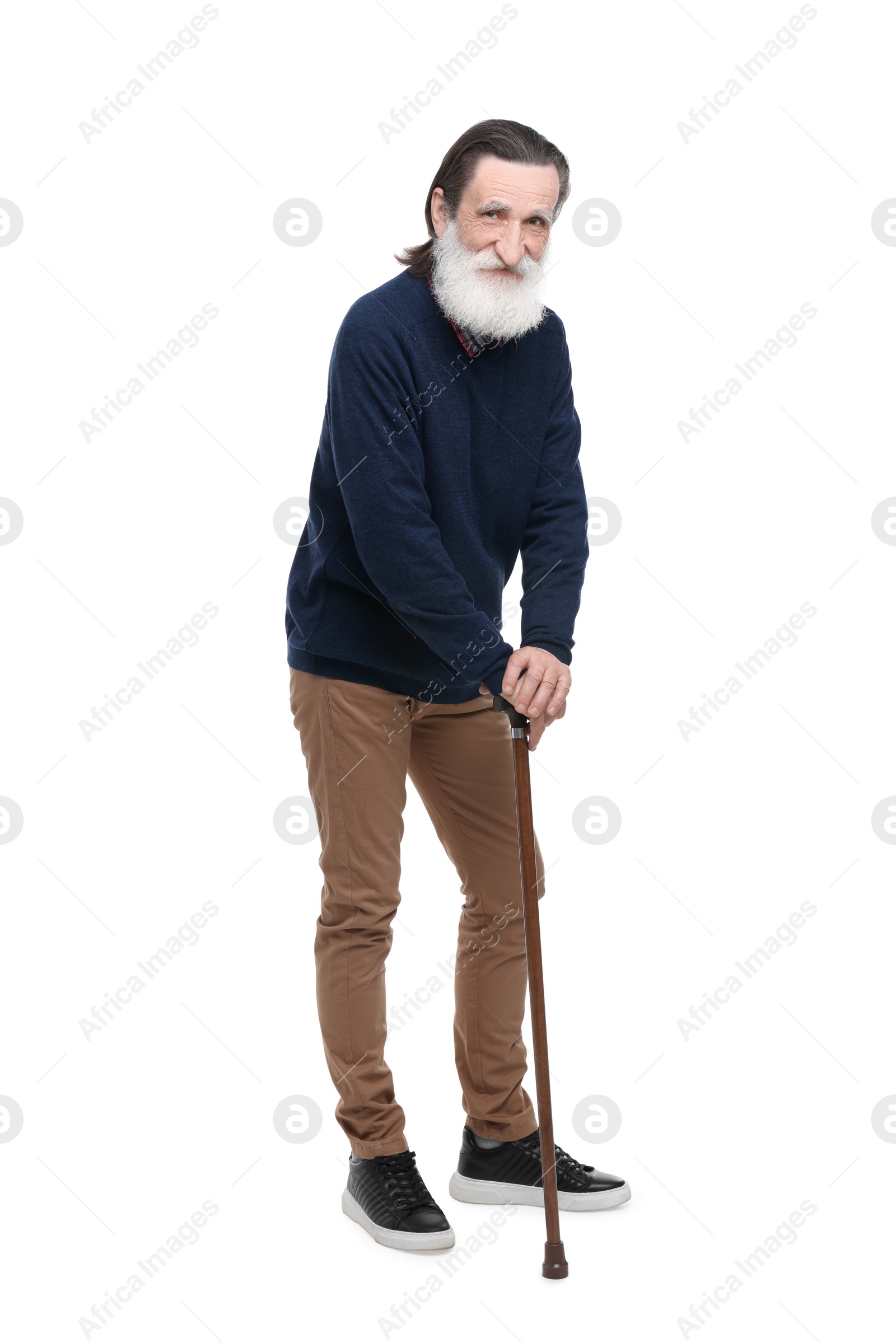 Photo of Senior man with walking cane on white background