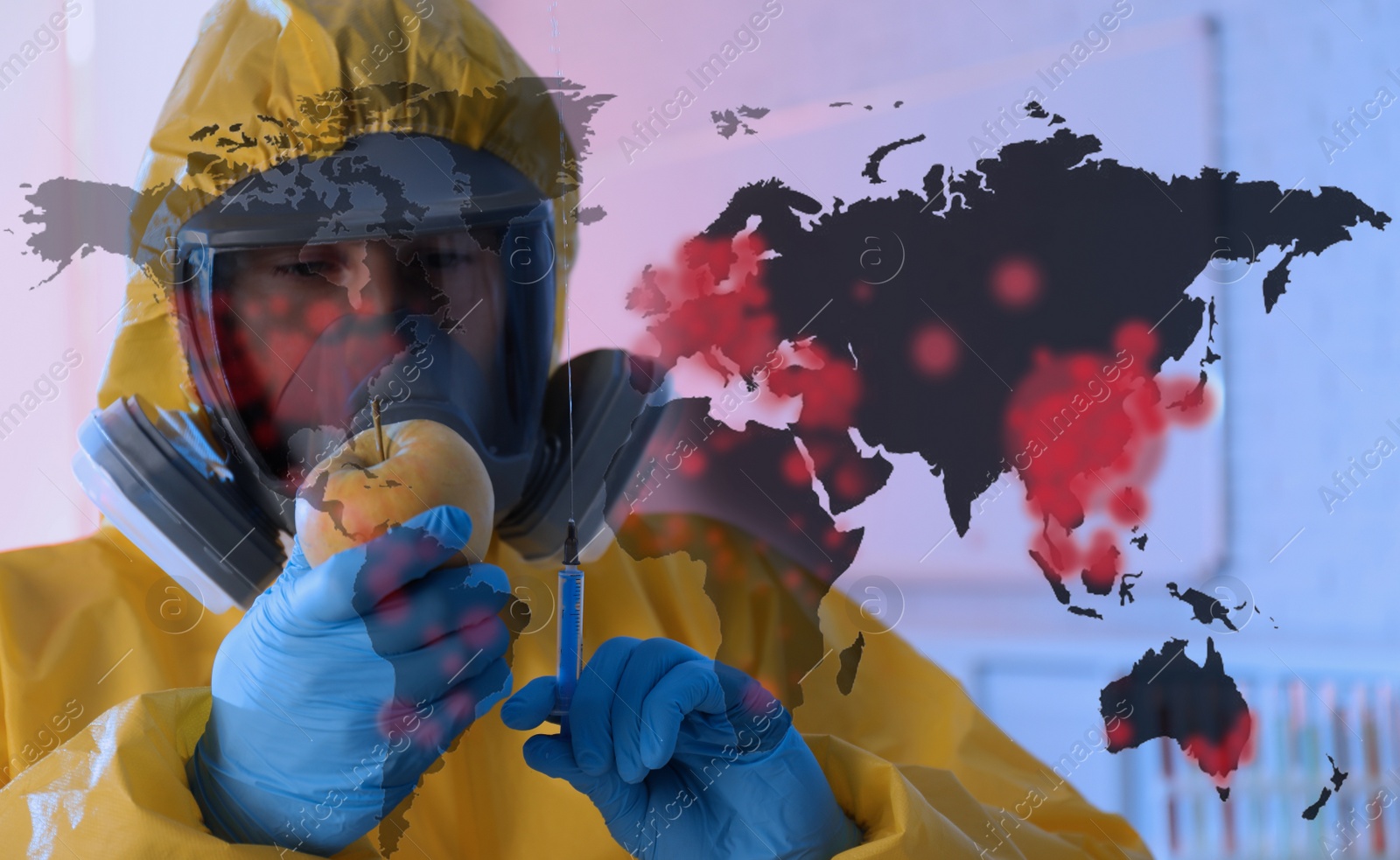 Image of Scientist in chemical protective suit with apple and syringe at laboratory. Vaccine research