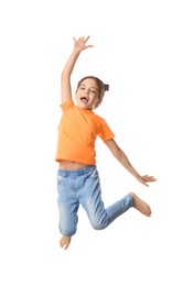 Cute little girl jumping on white background