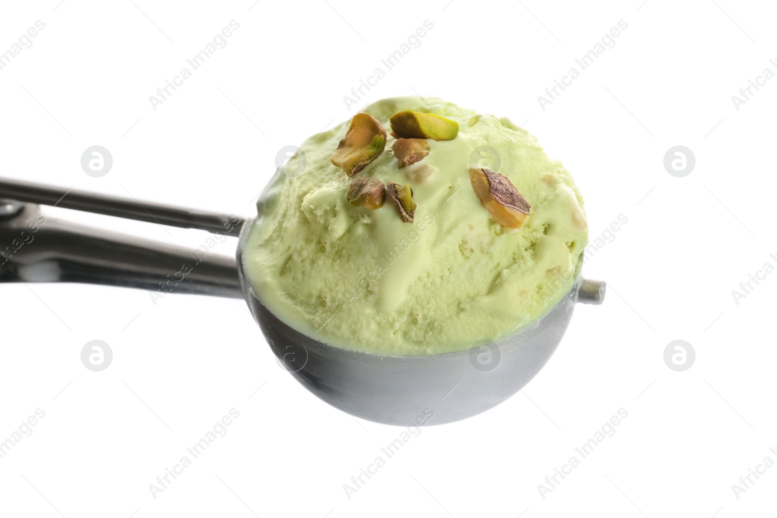 Photo of Scoop of delicious pistachio ice cream on white background