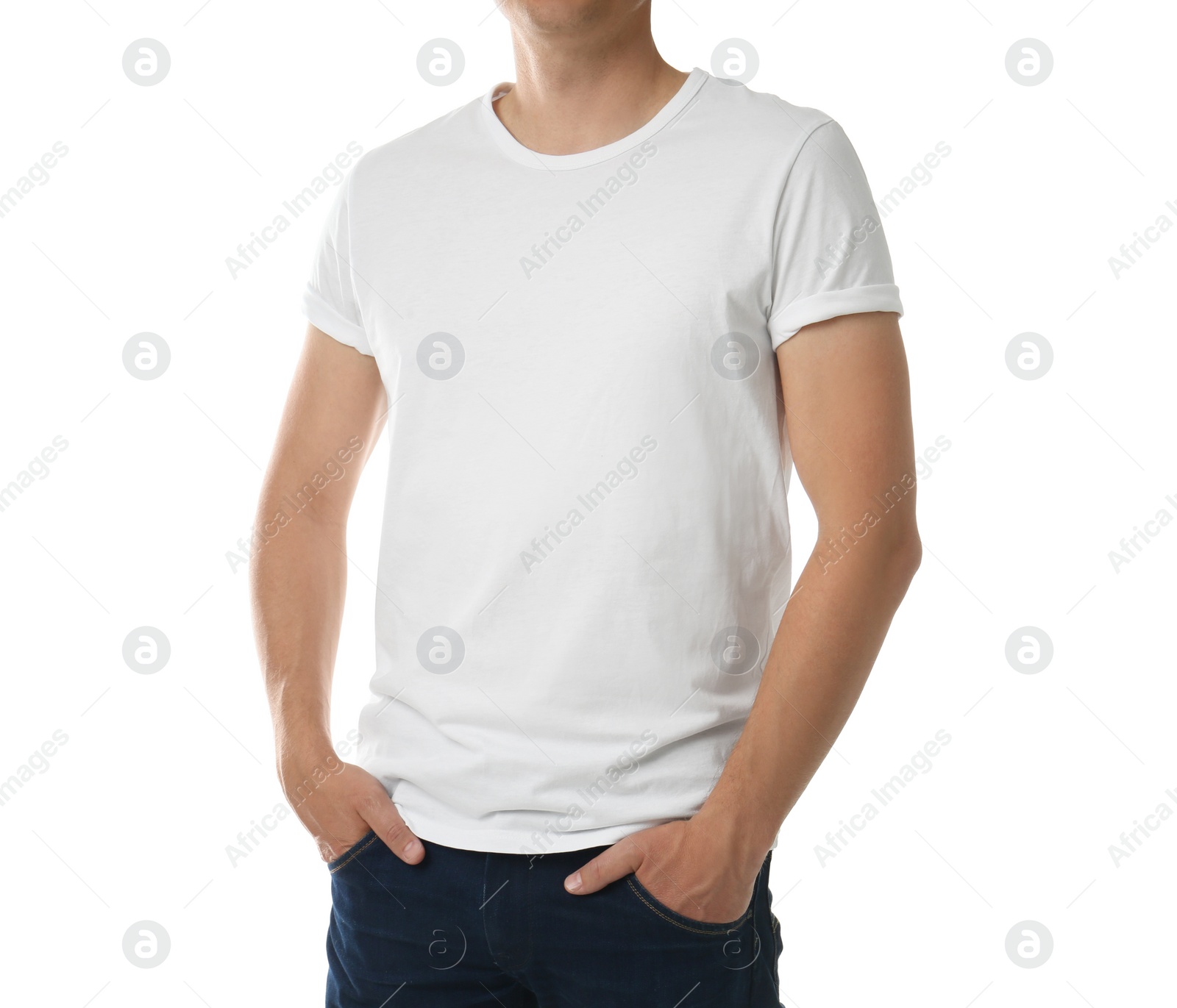 Photo of Man in t-shirt on white background, closeup. Space for design