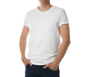 Man in t-shirt on white background, closeup. Space for design