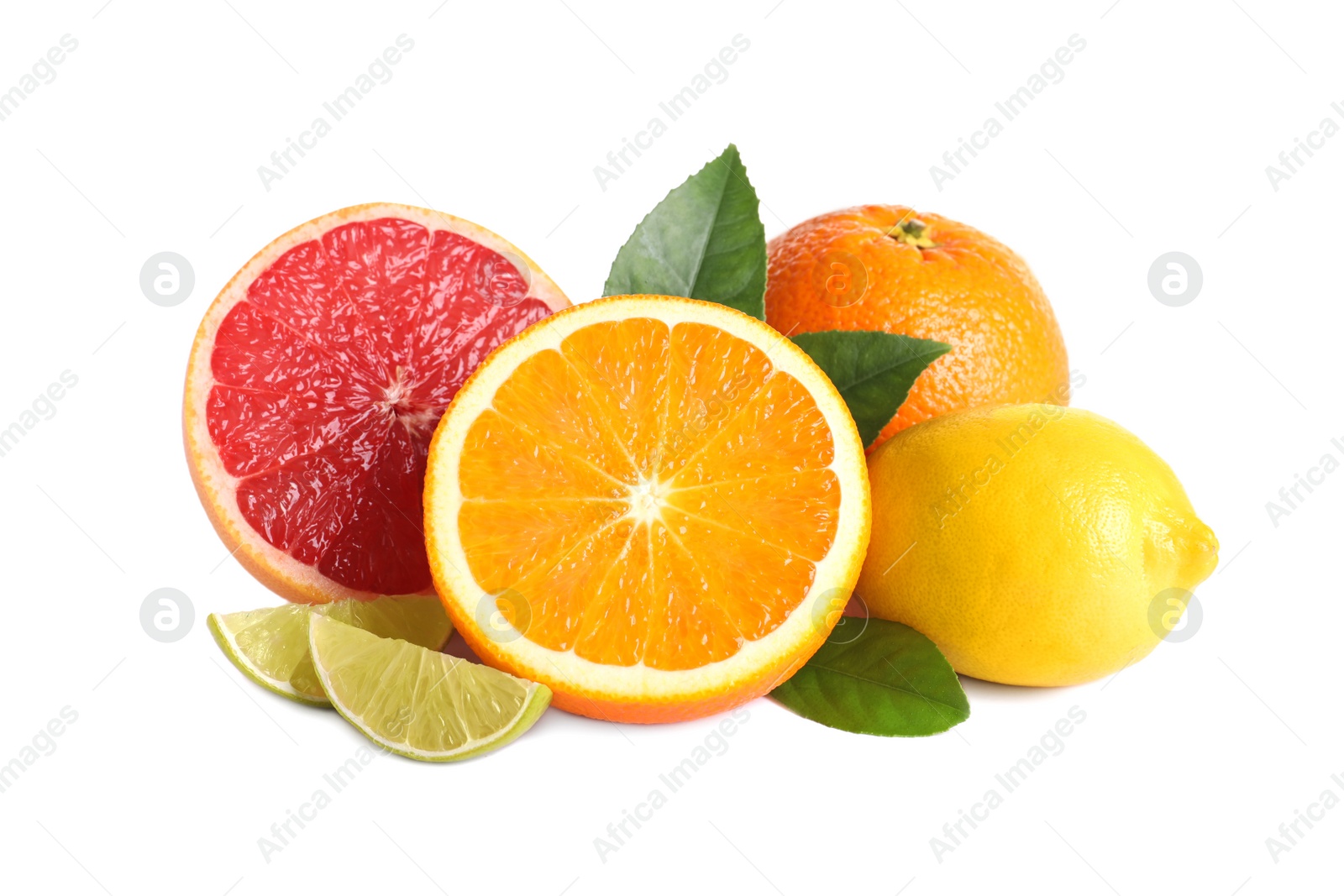 Photo of Fresh juicy citrus fruits with green leaves on white background