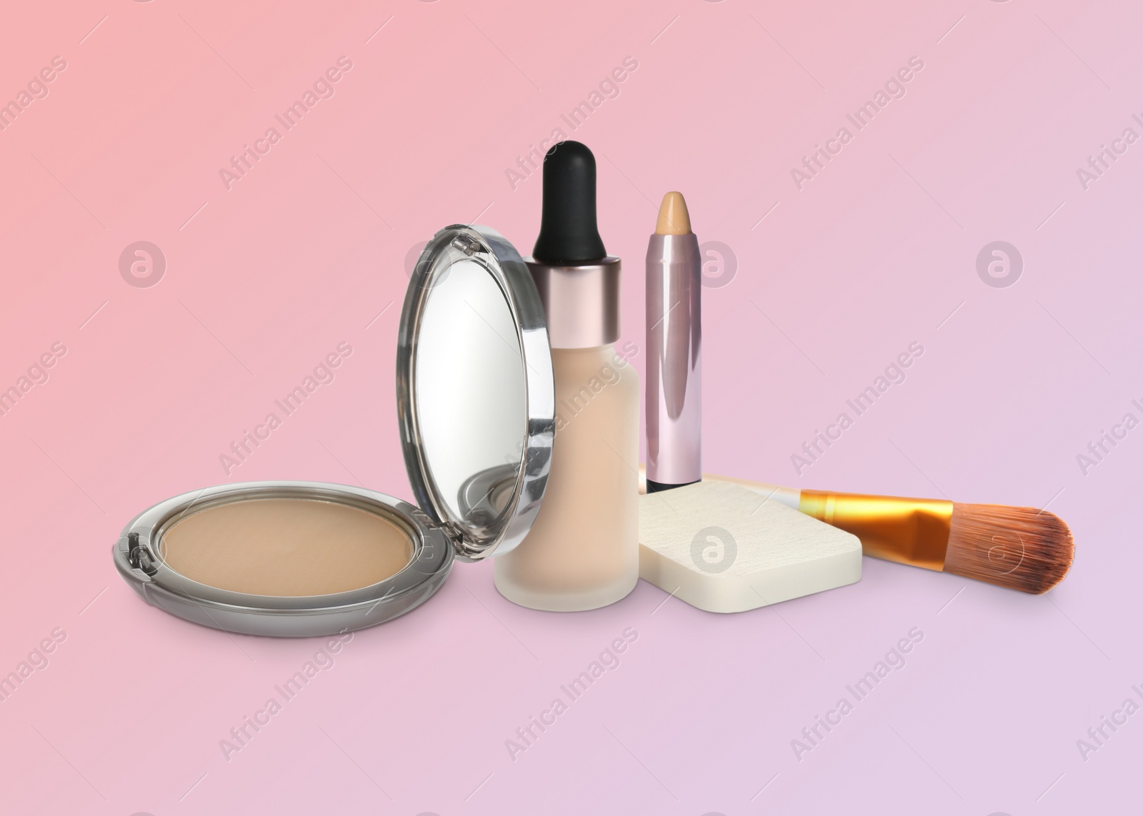 Image of Set with different decorative cosmetics on pink background. Luxurious makeup products