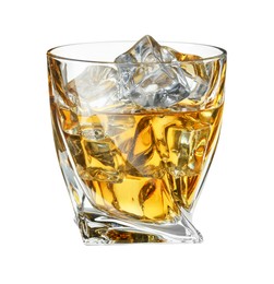 Photo of Whiskey and ice cubes in glass isolated on white