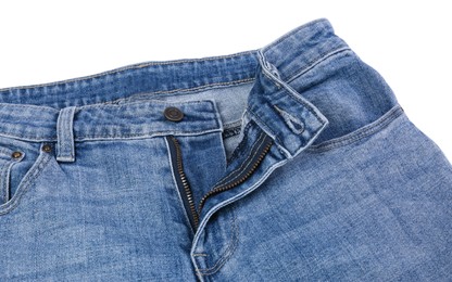 Photo of Stylish new blue jeans isolated on white, closeup