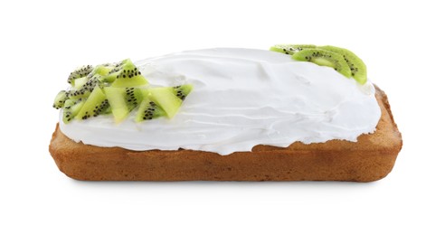 Photo of Delicious homemade yogurt cake with kiwi and cream on white background