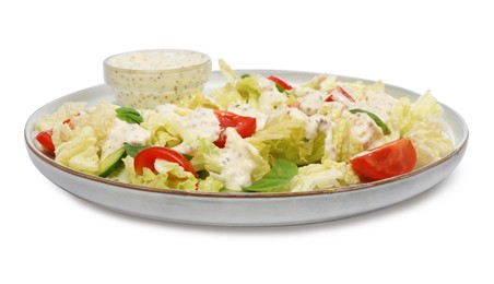 Photo of Delicious salad with Chinese cabbage, tomatoes, cucumber and dressing isolated on white