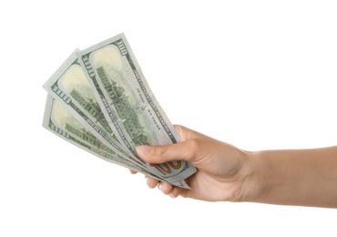 Photo of Young woman with dollar bills on white background, closeup