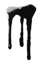 Photo of Black glossy oil flowing on white background