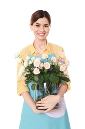 Photo of Female florist holding vase with roses on white background