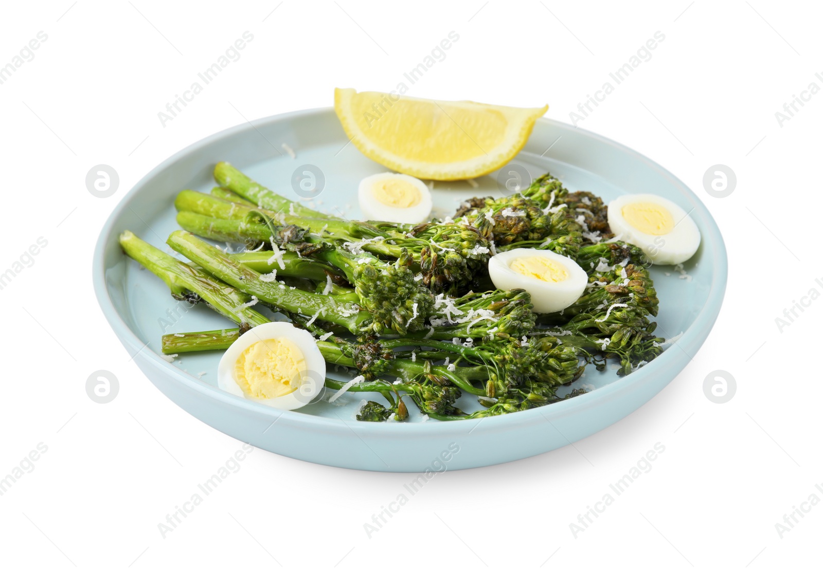 Photo of Tasty cooked broccolini with cheese, quail eggs and lemon isolated on white, closeup