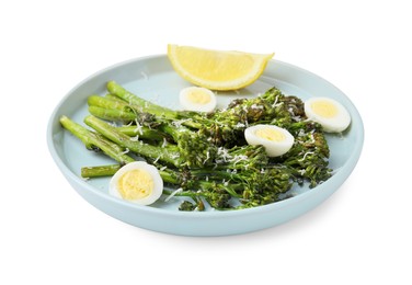 Photo of Tasty cooked broccolini with cheese, quail eggs and lemon isolated on white, closeup