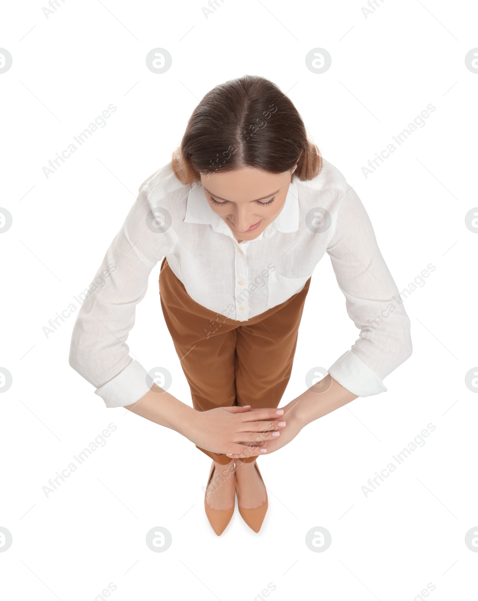 Photo of Beautiful businesswoman on white background, above view