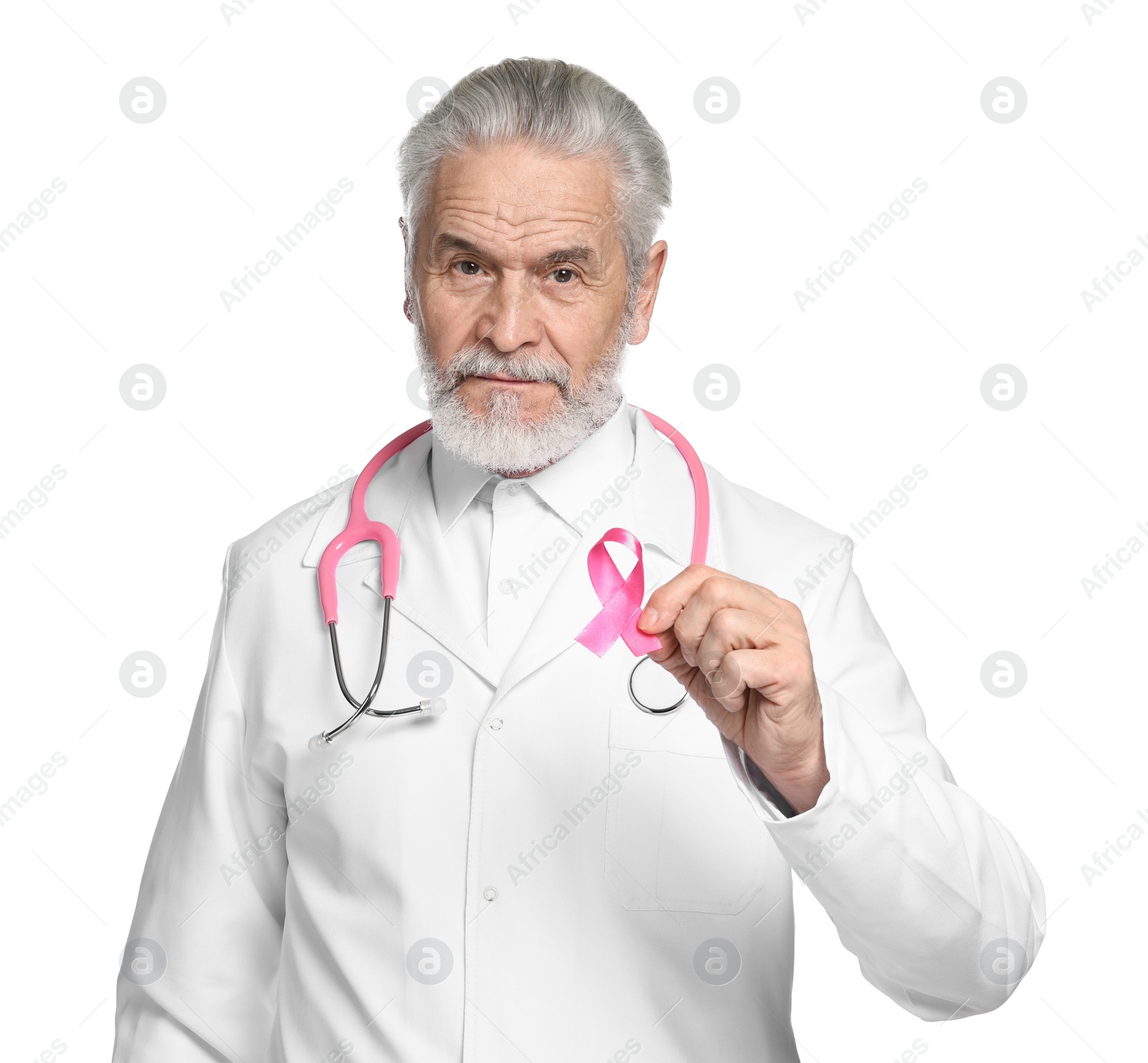 Photo of Mammologist with pink ribbon on white background. Breast cancer awareness