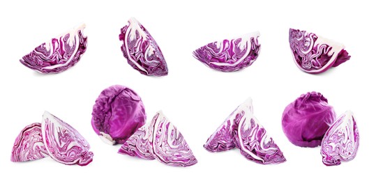 Image of Collage with fresh red cabbages on white background