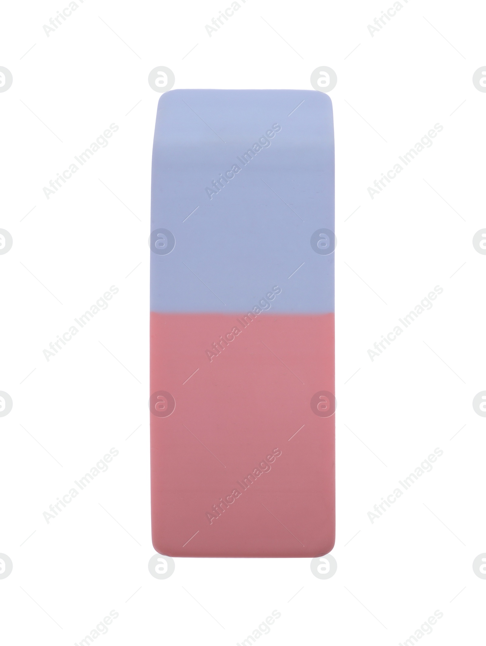 Photo of New eraser isolated on white, top view. School stationery