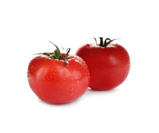 Fresh ripe organic tomatoes with water drops isolated on white