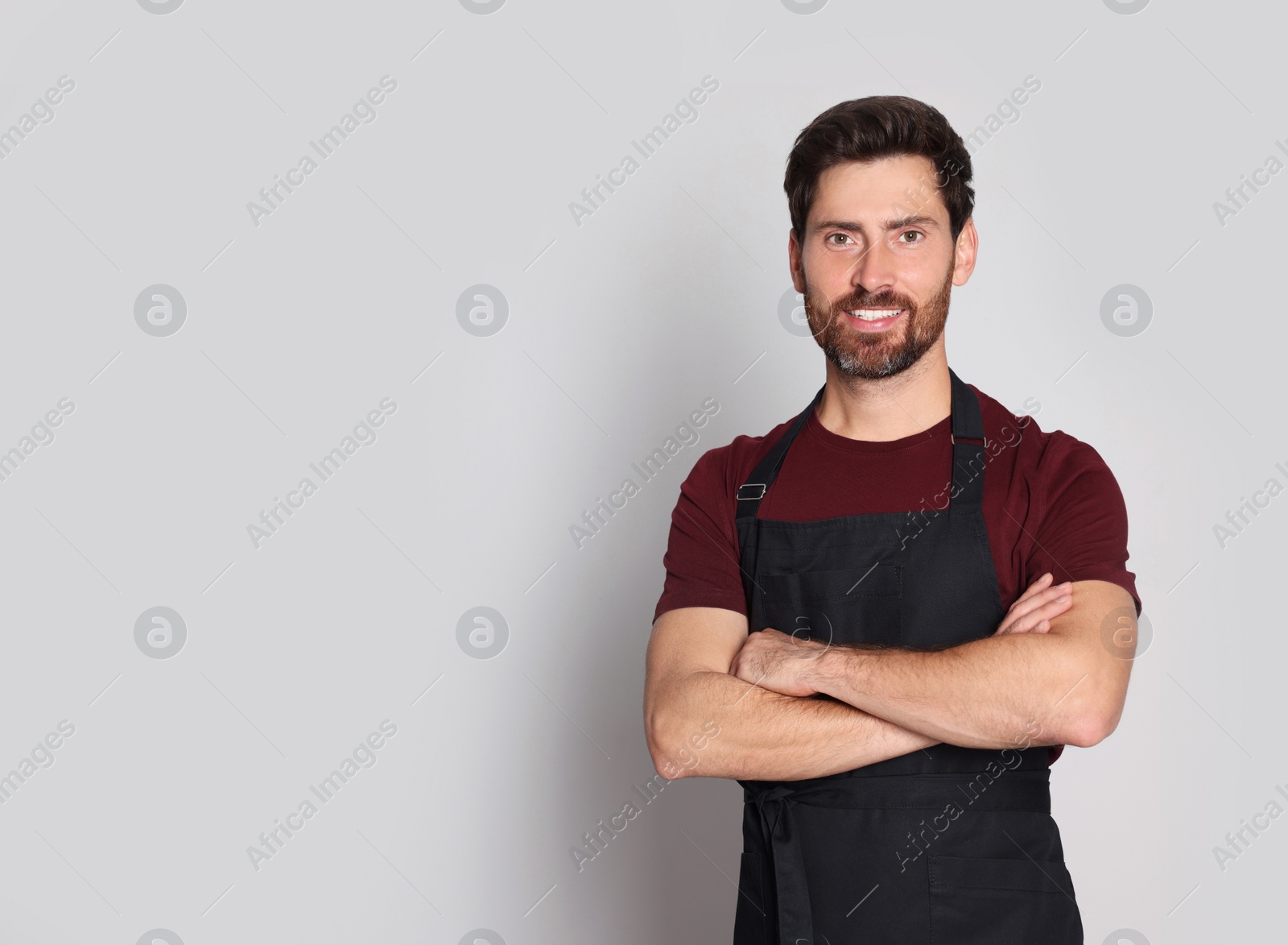 Photo of Professional hairdresser wearing apron with on light grey background, space for text
