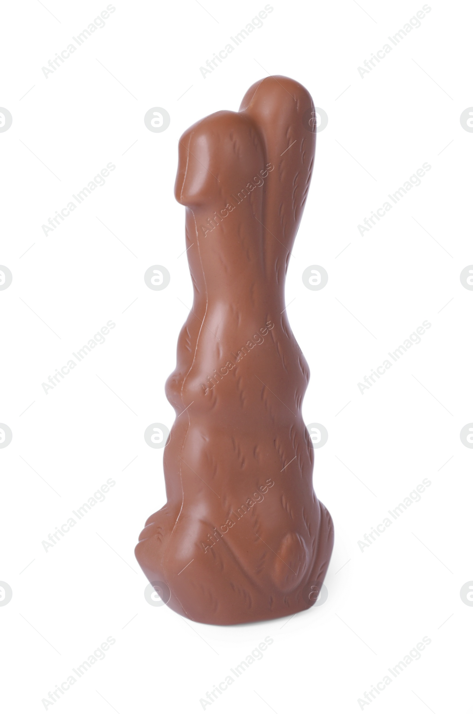 Photo of Chocolate bunny isolated on white, back view. Easter celebration