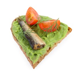 Photo of Delicious sandwich with sprat, tomato, avocado puree and dill isolated on white, above view