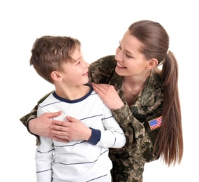 Photo of Female soldier with her son on white background. Military service