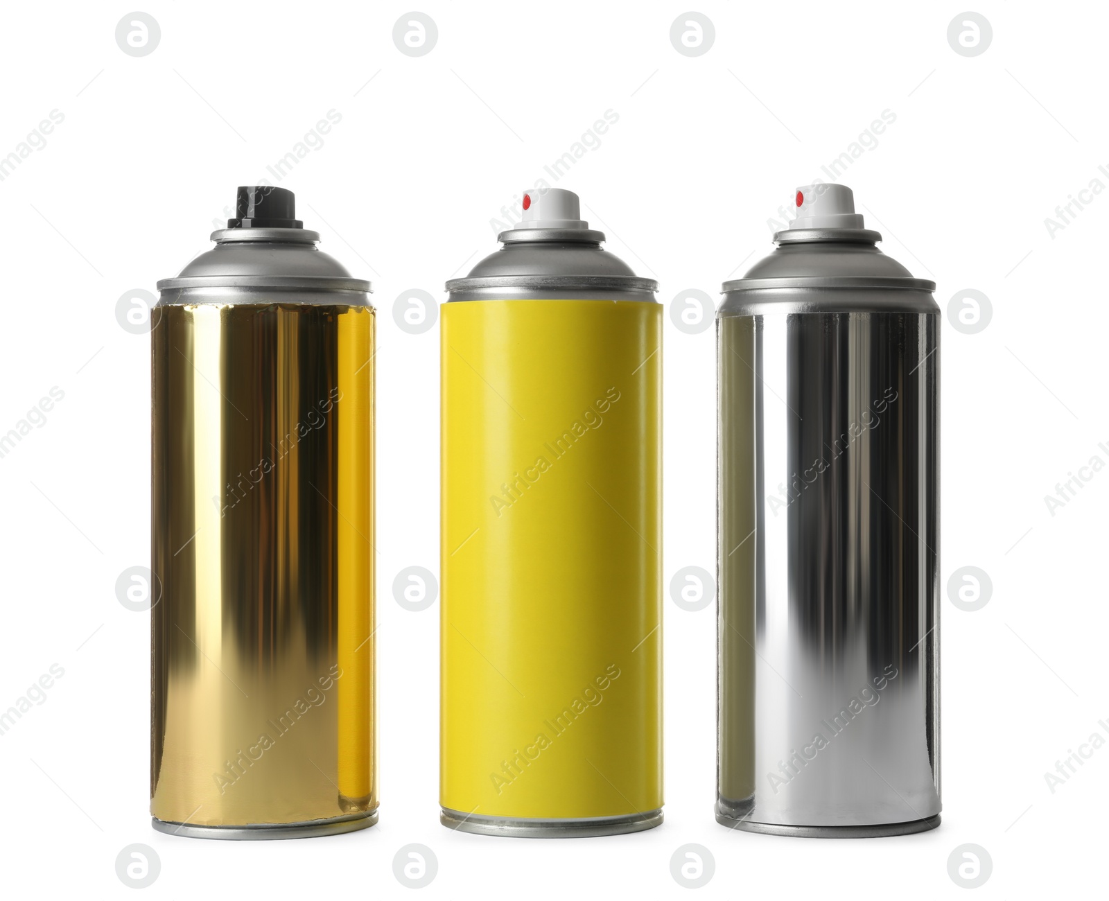 Photo of Cans of different spray paints on white background