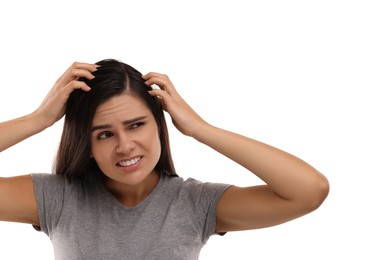 Emotional woman examining her hair and scalp on white background