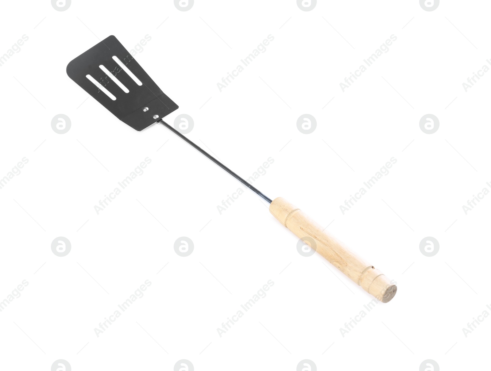 Photo of New barbecue spatula with wooden handle on white background