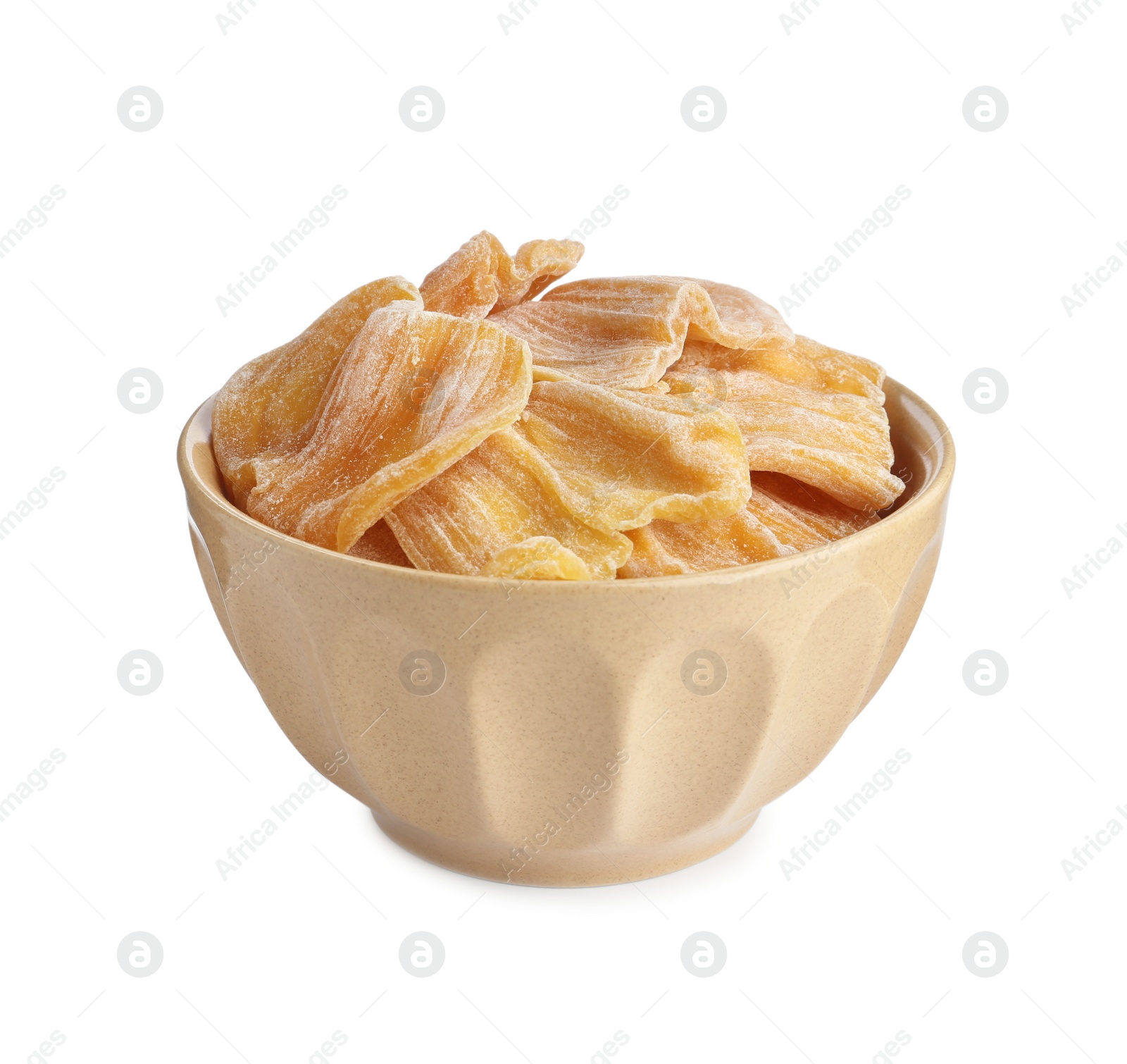 Photo of Delicious dried jackfruit slices in bowl isolated on white