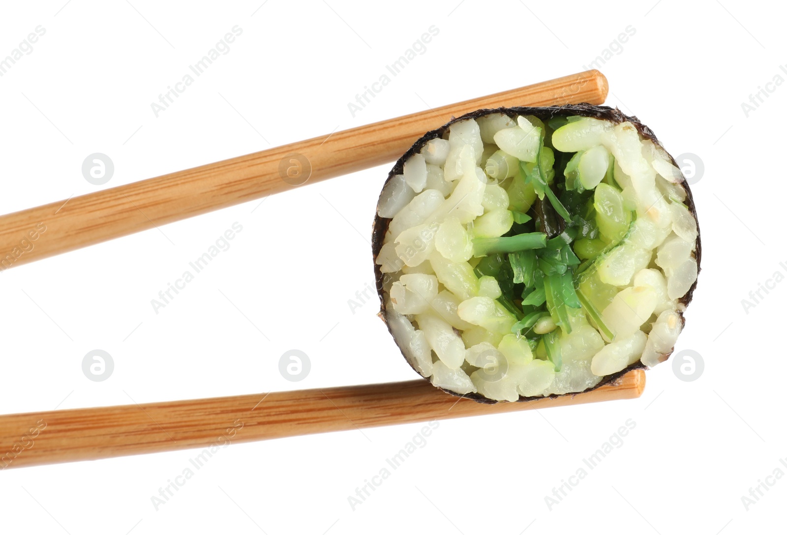 Photo of Chopsticks with tasty fresh sushi roll isolated on white