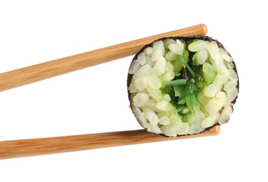 Photo of Chopsticks with tasty fresh sushi roll isolated on white