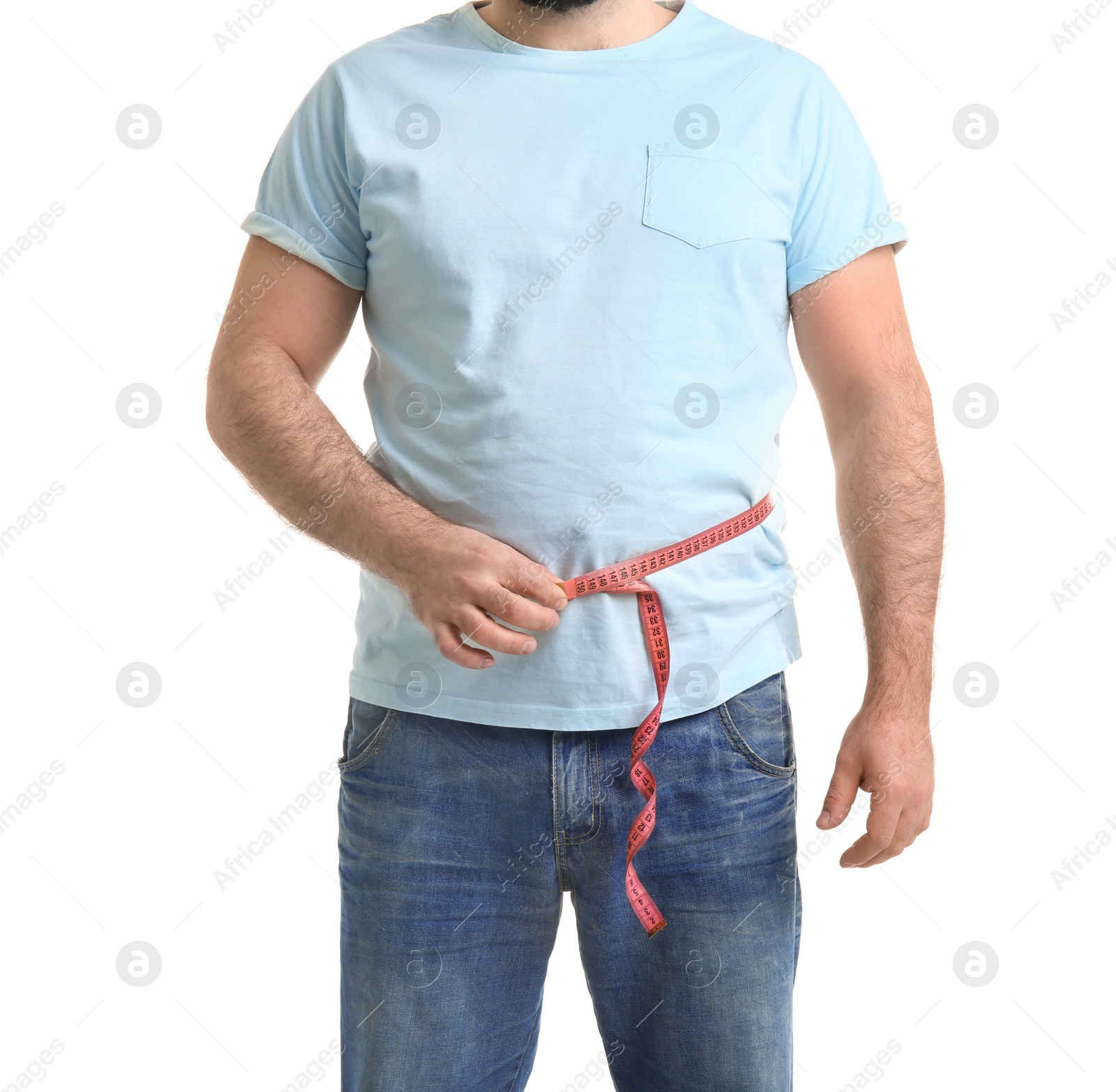 Photo of Overweight man with measuring tape on white background