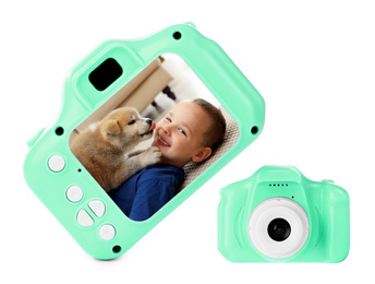 Green toy cameras on white background in collage, one with photo of boy and puppy at home