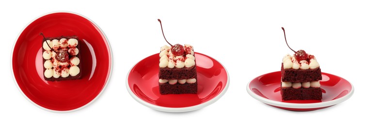 Image of Collage with tasty red velvet cake isolated on white background, top and side views