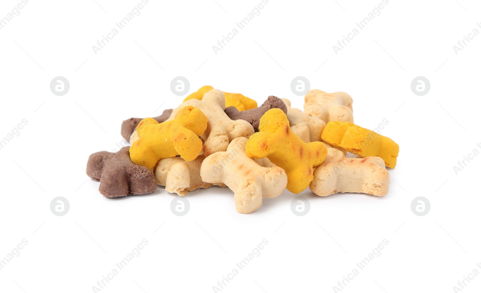 Photo of Many bone shaped vitamins for pets isolated on white