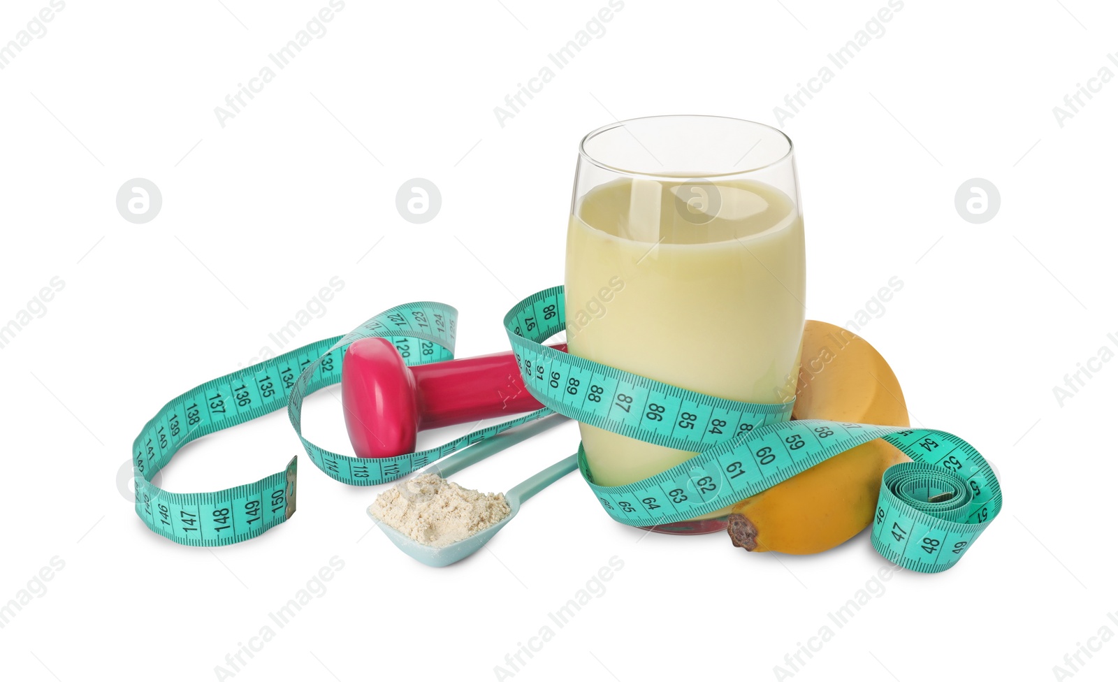 Photo of Tasty shake, banana, measuring tape, dumbbell and powder isolated on white. Weight loss