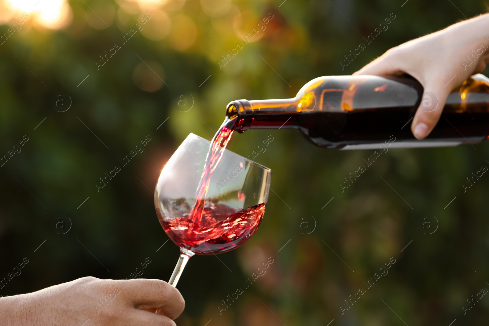 Photo of Woman pouring wine from bottle into glass outdoors, closeup