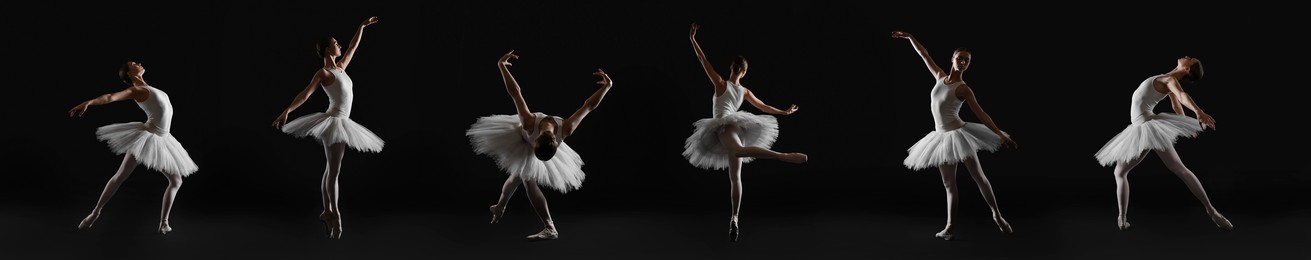 Image of Ballerina practicing dance moves on black background, set of photos