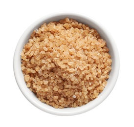 Photo of Bowl with brown sugar on white background