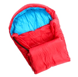 Photo of Sleeping bag on white background, top view. Camping equipment