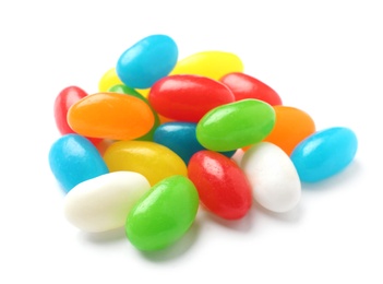 Photo of Pile of tasty bright jelly beans isolated on white