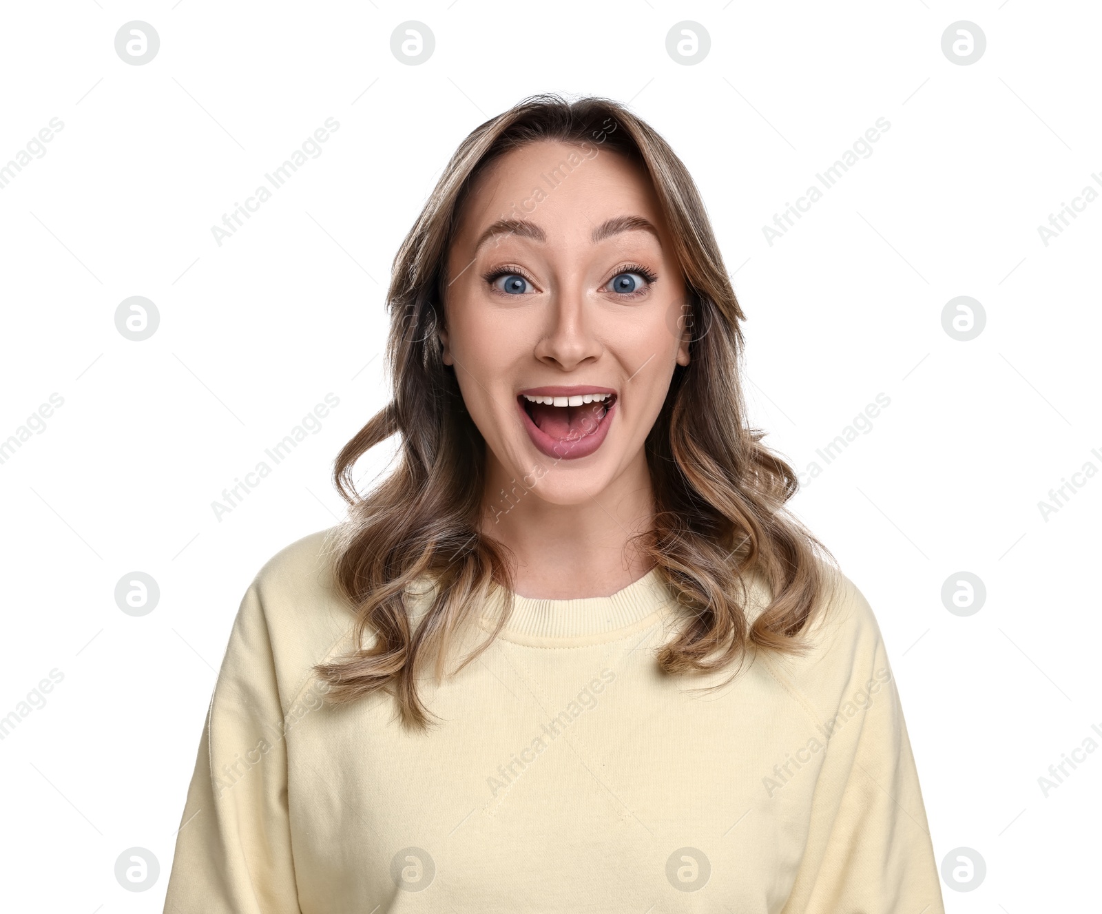 Photo of Portrait of happy surprised woman on white background