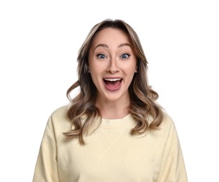 Portrait of happy surprised woman on white background