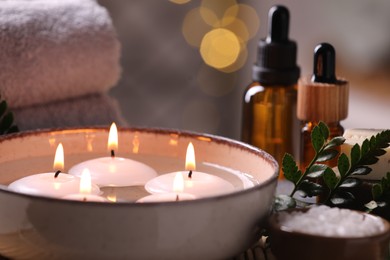 Photo of Beautiful composition with different spa products on table, closeup