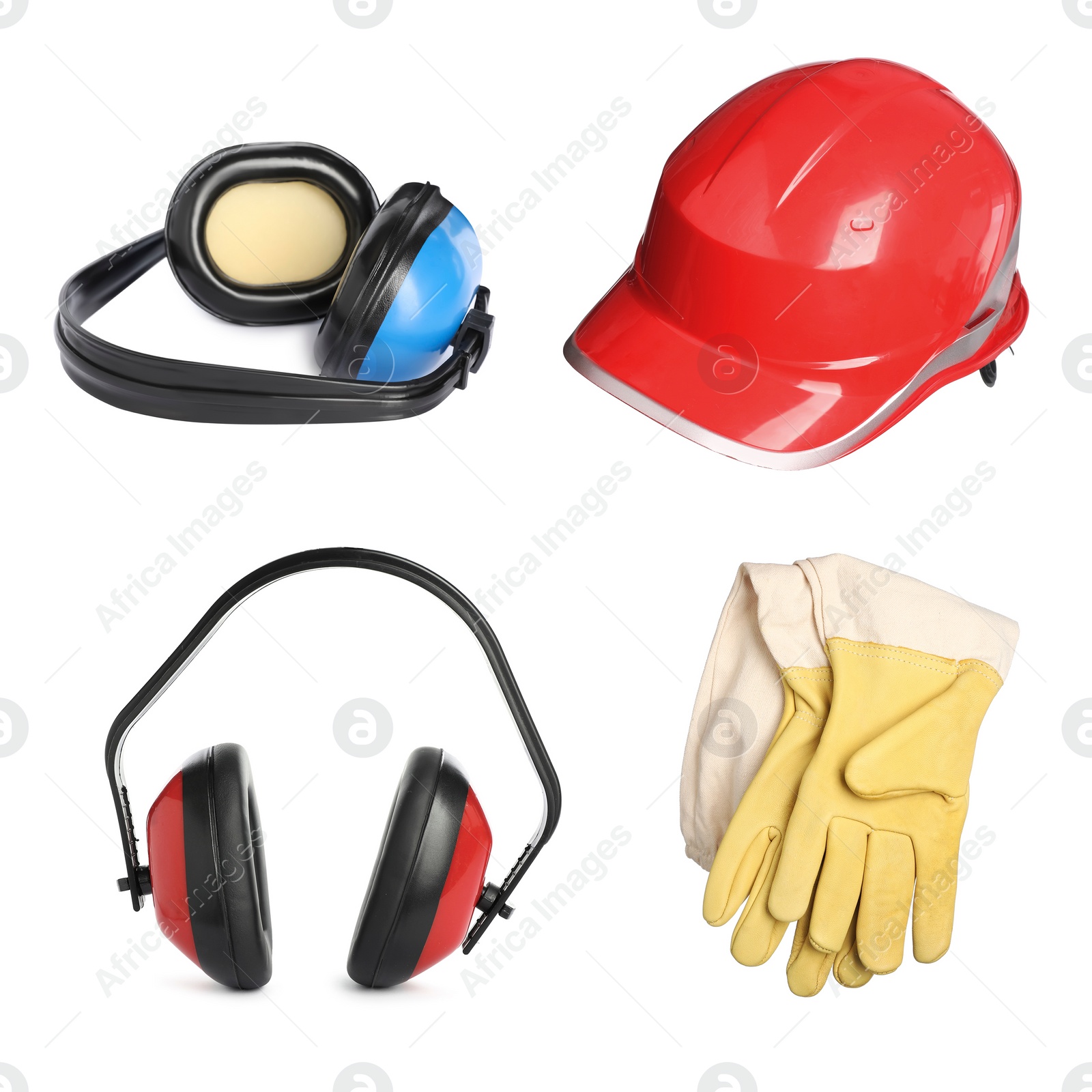 Image of Set with protective workwear on white background. Safety equipment