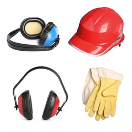 Set with protective workwear on white background. Safety equipment