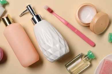 Bath accessories. Flat lay composition with personal care products on beige background